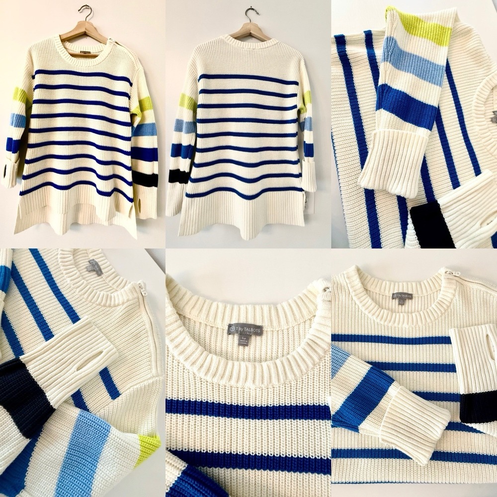 T‎ by Talbots Stripe Crewneck High-Low Sweater Tunic Ivory Multi Large Petite